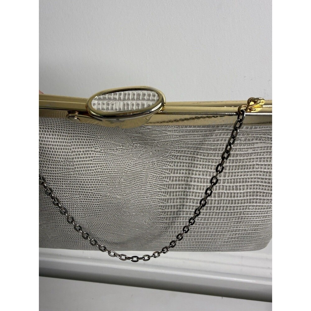 Vintage Evans Genuine Lizard Skin White Clutch Purse Gold Frame Chain Strap